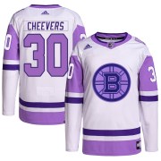 Adidas Gerry Cheevers Boston Bruins Men's Authentic Hockey Fights Cancer Primegreen Jersey - White/Purple
