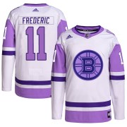 Adidas Trent Frederic Boston Bruins Men's Authentic Hockey Fights Cancer Primegreen Jersey - White/Purple