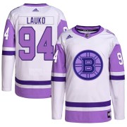 Adidas Jakub Lauko Boston Bruins Youth Authentic Hockey Fights Cancer Primegreen Jersey - White/Purple