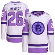 Adidas Mike Milbury Boston Bruins Youth Authentic Hockey Fights Cancer Primegreen Jersey - White/Purple