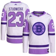 Adidas Jack Studnicka Boston Bruins Youth Authentic Hockey Fights Cancer Primegreen Jersey - White/Purple