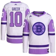 Adidas A.J. Greer Boston Bruins Youth Authentic Hockey Fights Cancer Primegreen Jersey - White/Purple