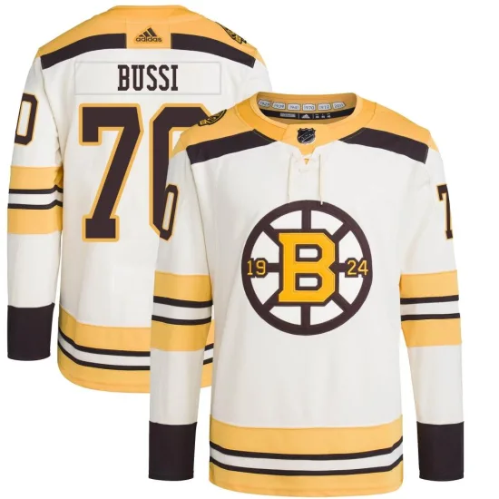 Adidas Brandon Bussi Boston Bruins Men's Authentic 100th Anniversary Primegreen Jersey - Cream
