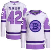 Adidas Georgii Merkulov Boston Bruins Men's Authentic Hockey Fights Cancer Primegreen Jersey - White/Purple