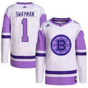 Adidas Jeremy Swayman Boston Bruins Men's Authentic Hockey Fights Cancer Primegreen Jersey - White/Purple