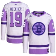Adidas Johnny Beecher Boston Bruins Youth Authentic Hockey Fights Cancer Primegreen Jersey - White/Purple