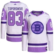 Adidas Luke Toporowski Boston Bruins Youth Authentic Hockey Fights Cancer Primegreen Jersey - White/Purple