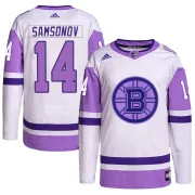 Adidas Sergei Samsonov Boston Bruins Men's Authentic Hockey Fights Cancer Primegreen Jersey - White/Purple